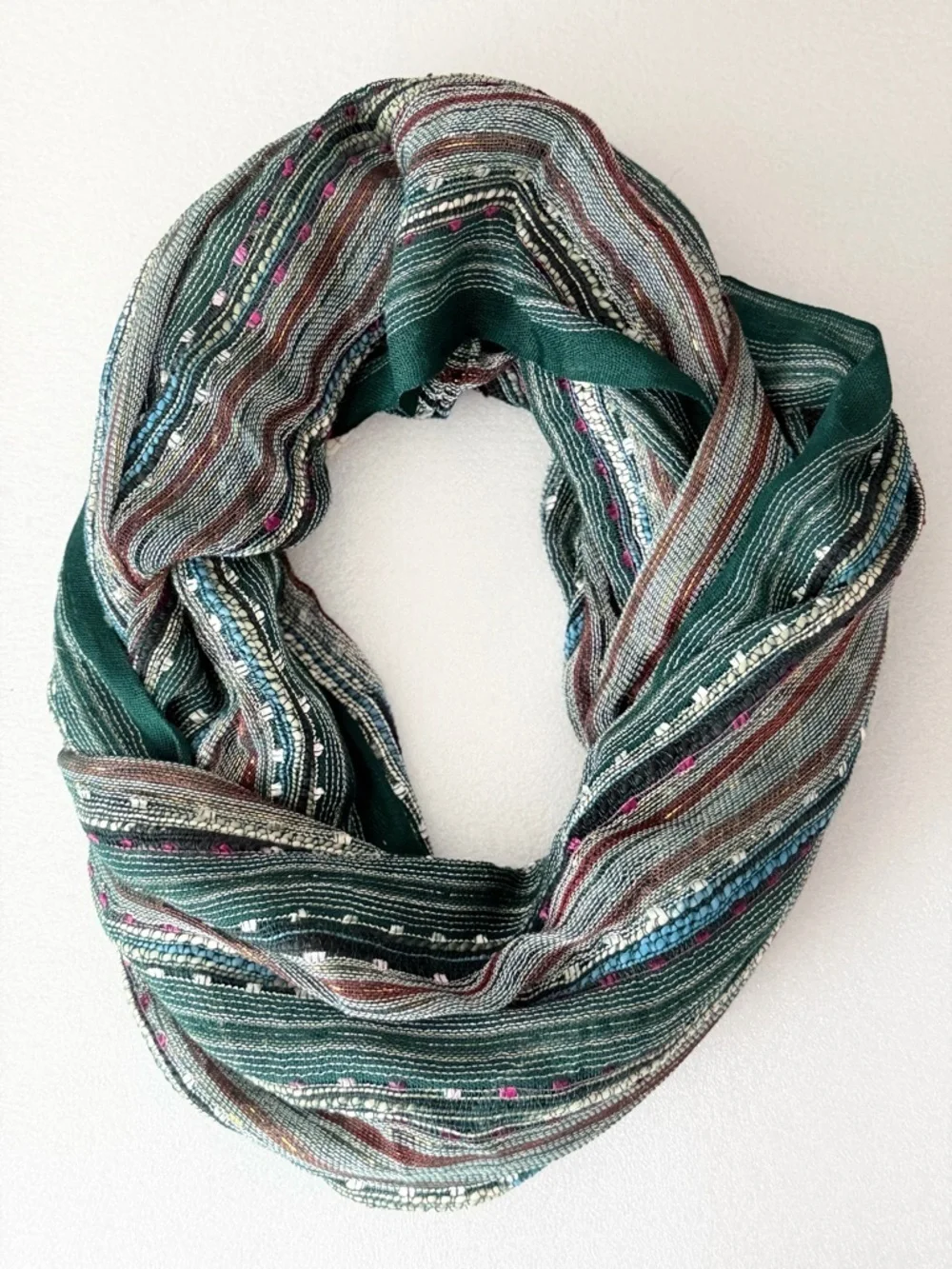 Boho Textured Infinity Scarf Green Multi Stripe Woven Lightweight Artisan Style